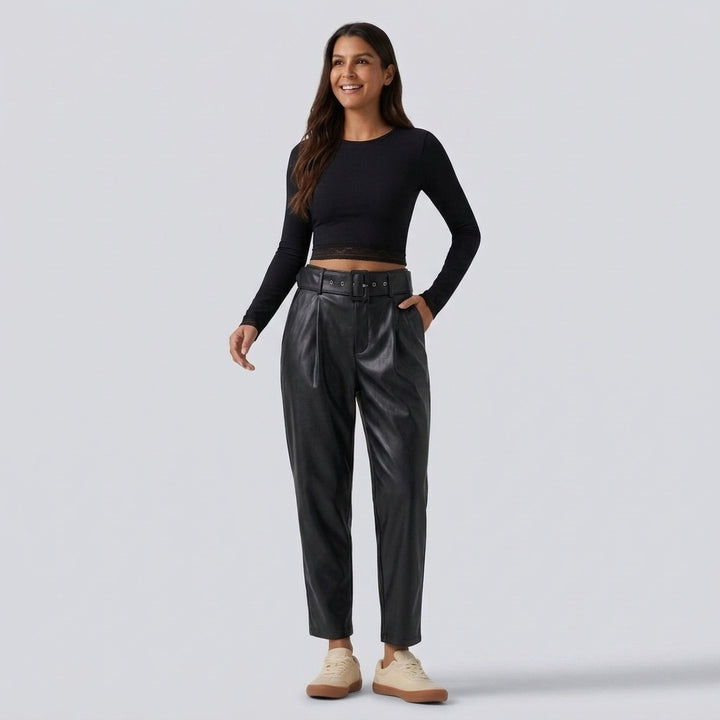 High Waisted Tapered Stretchy PU Fleece Casual Trousers with Pockets