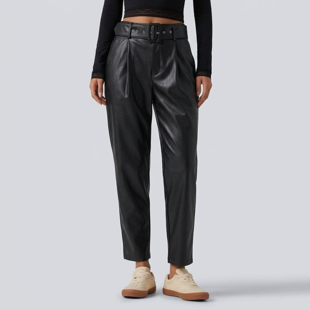 High Waisted Tapered Stretchy PU Fleece Casual Trousers with Pockets