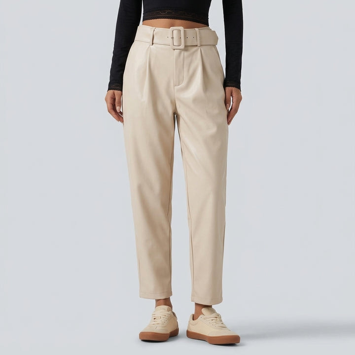 High Waisted Tapered Stretchy PU Fleece Casual Trousers with Pockets