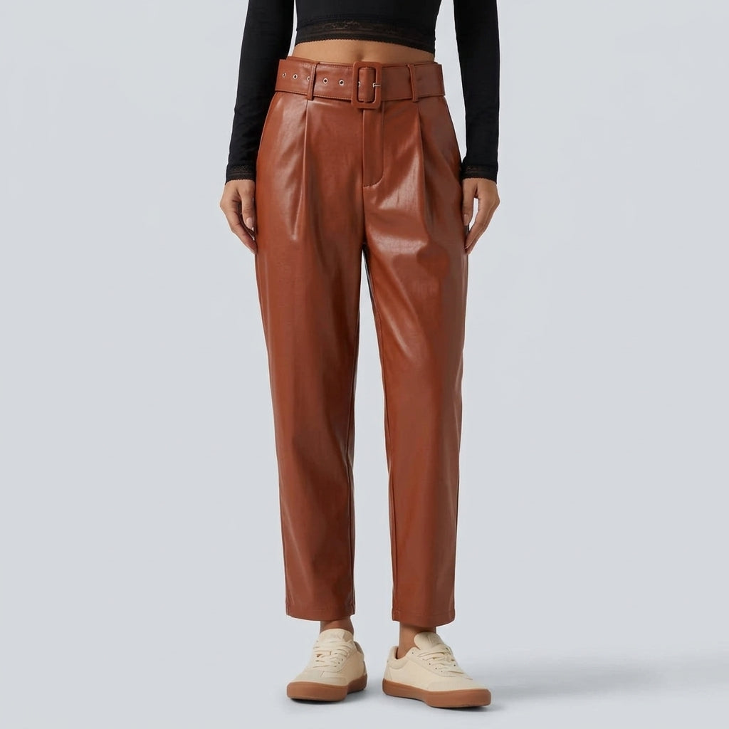 High Waisted Tapered Stretchy PU Fleece Casual Trousers with Pockets