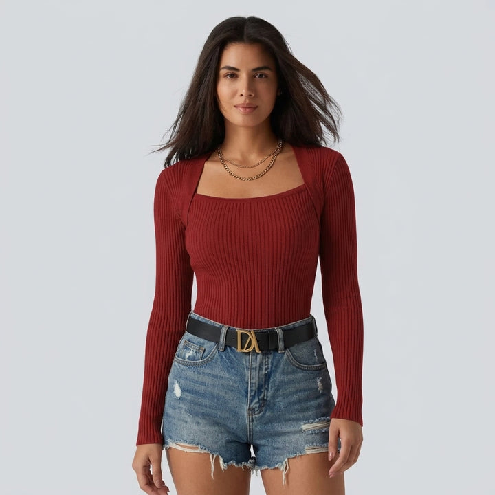 Ribbed Knit Square Neck Long Sleeve Casual Top