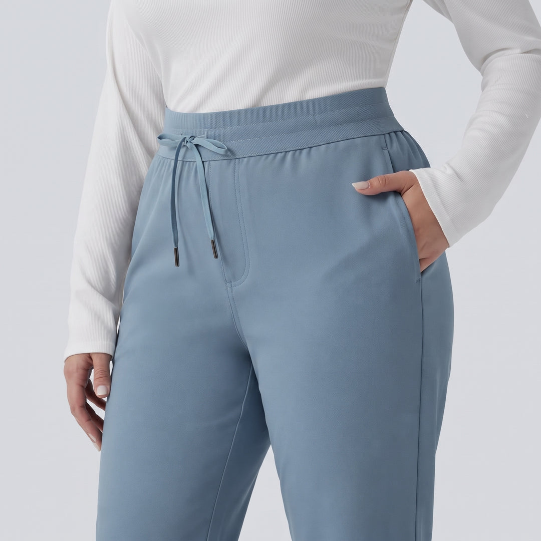 Plus Size Mid Rise Drawstring Curved Hem Quick Dry Golf Tapered Trousers with Pockets-UPF40+
