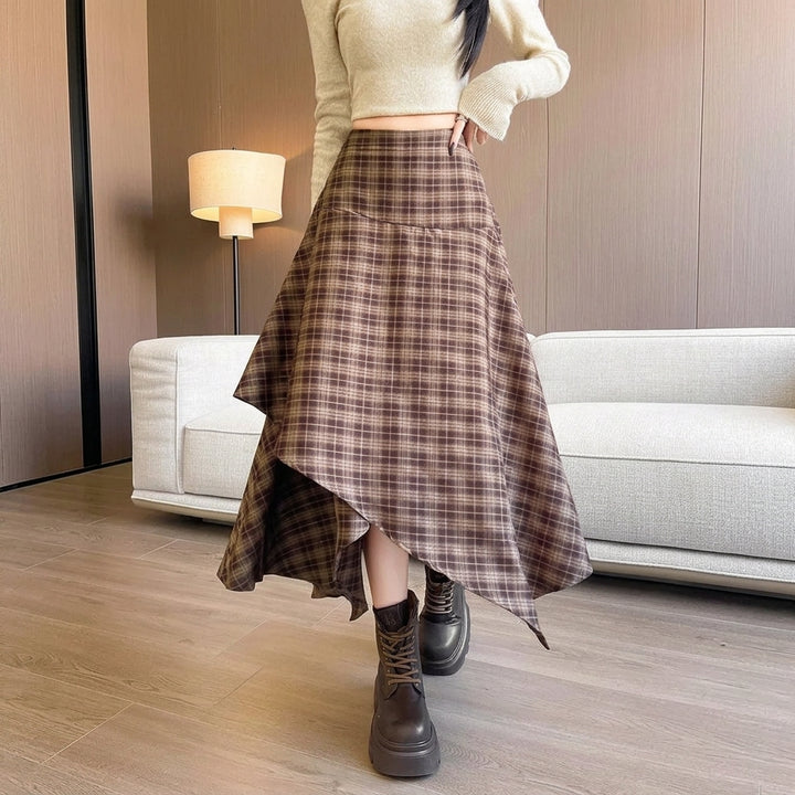 High Waisted Asymmetric Plaid A-Line Casual Midi Skirt with Pockets