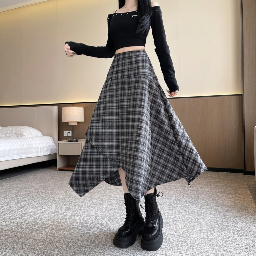 High Waisted Asymmetric Plaid A-Line Casual Midi Skirt with Pockets