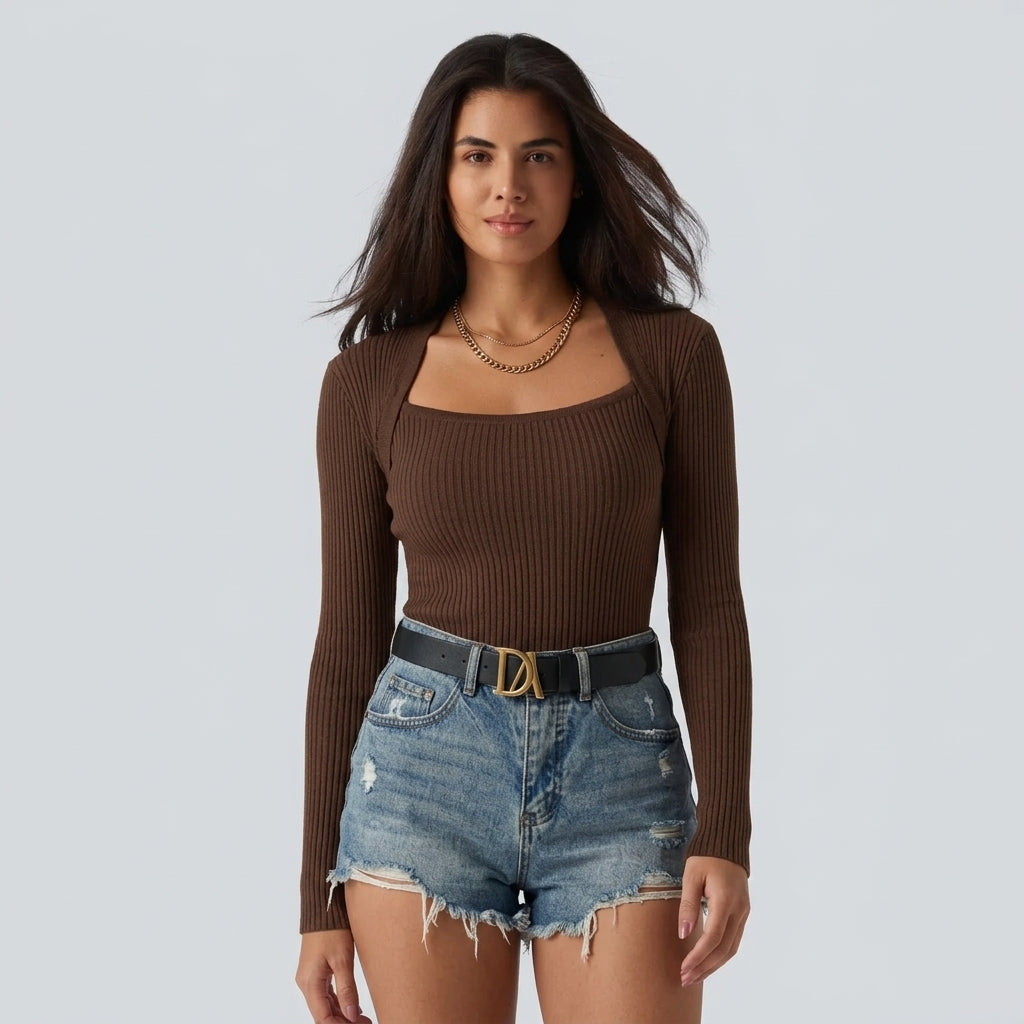 Ribbed Knit Square Neck Long Sleeve Casual Top