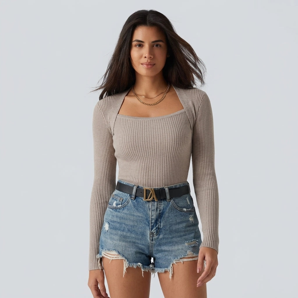 Ribbed Knit Square Neck Long Sleeve Casual Top