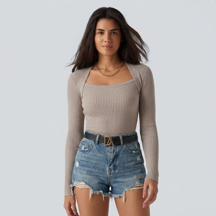 Ribbed Knit Square Neck Long Sleeve Casual Top