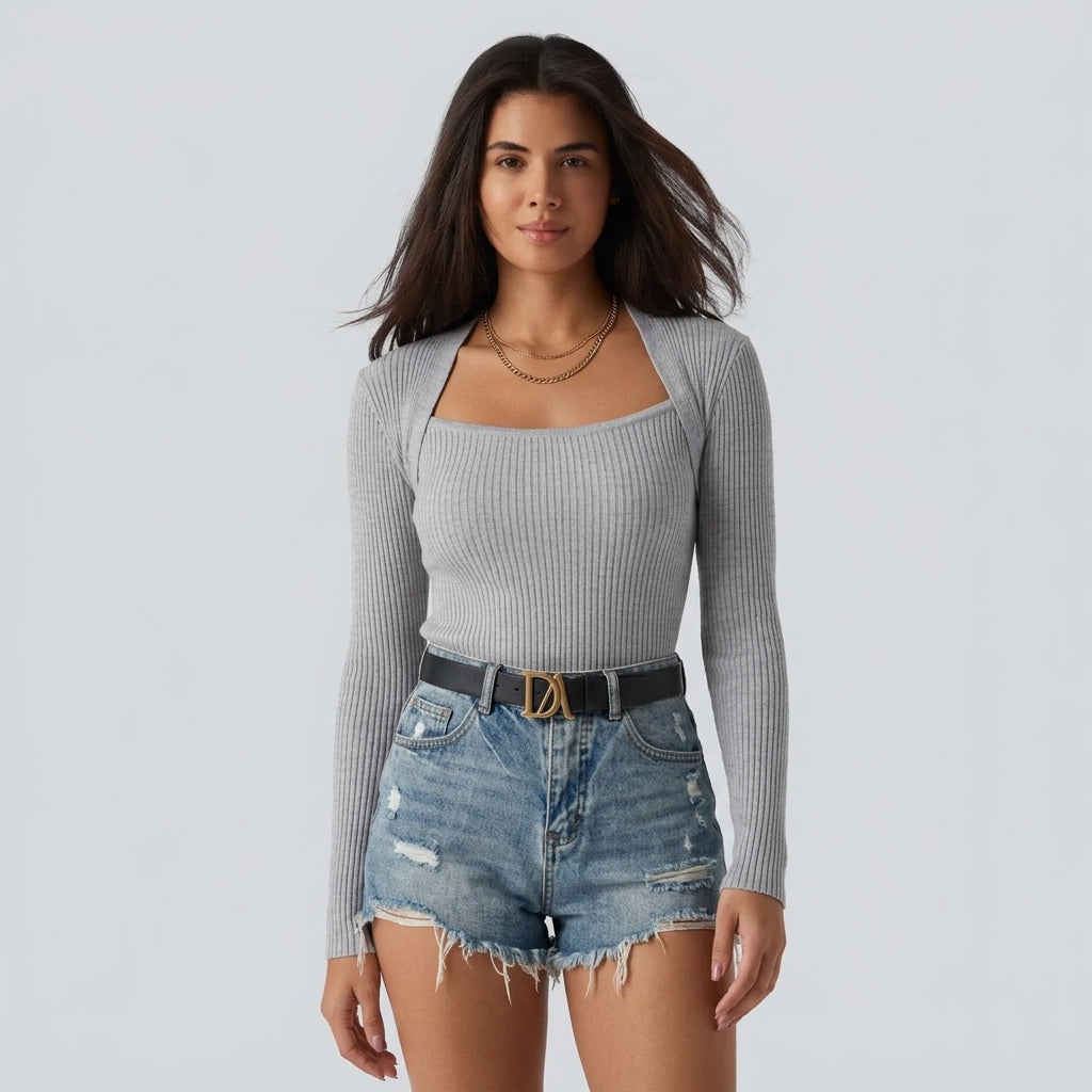 Ribbed Knit Square Neck Long Sleeve Casual Top