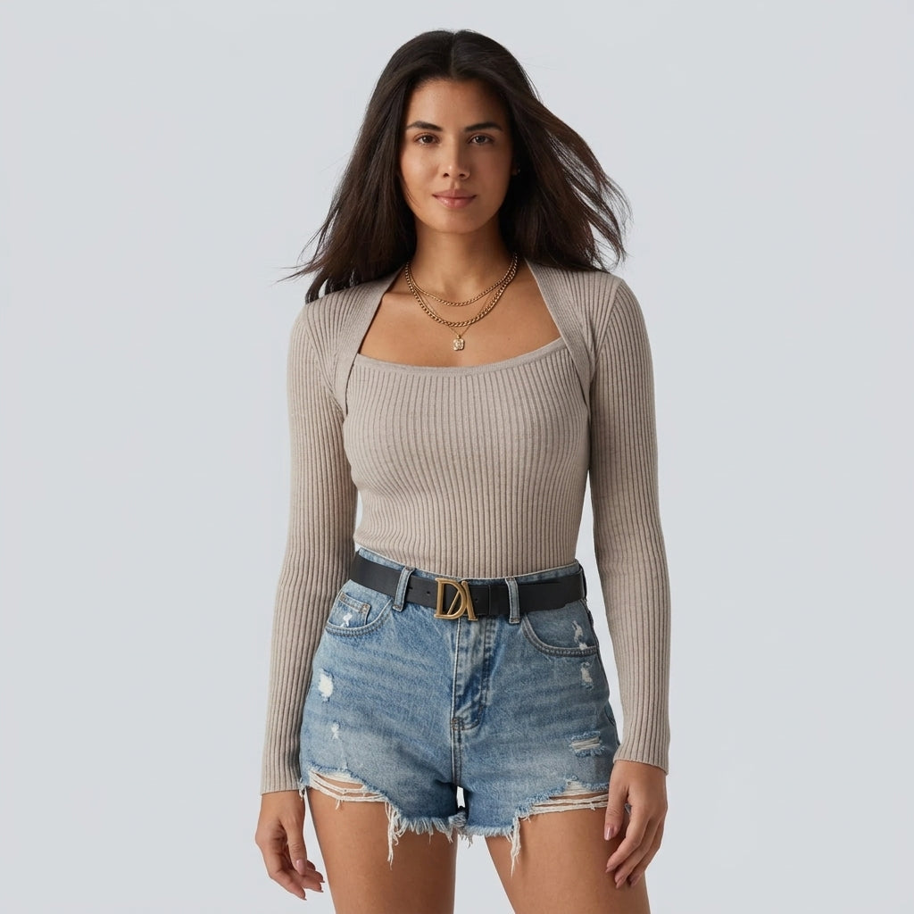 Ribbed Knit Square Neck Long Sleeve Casual Top