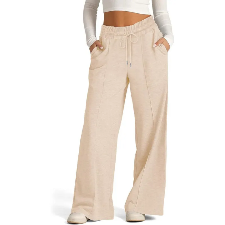 Ribbed Knit High Waisted Tummy Control Drawstring Casual Wide Leg Baggy Trousers with Pockets