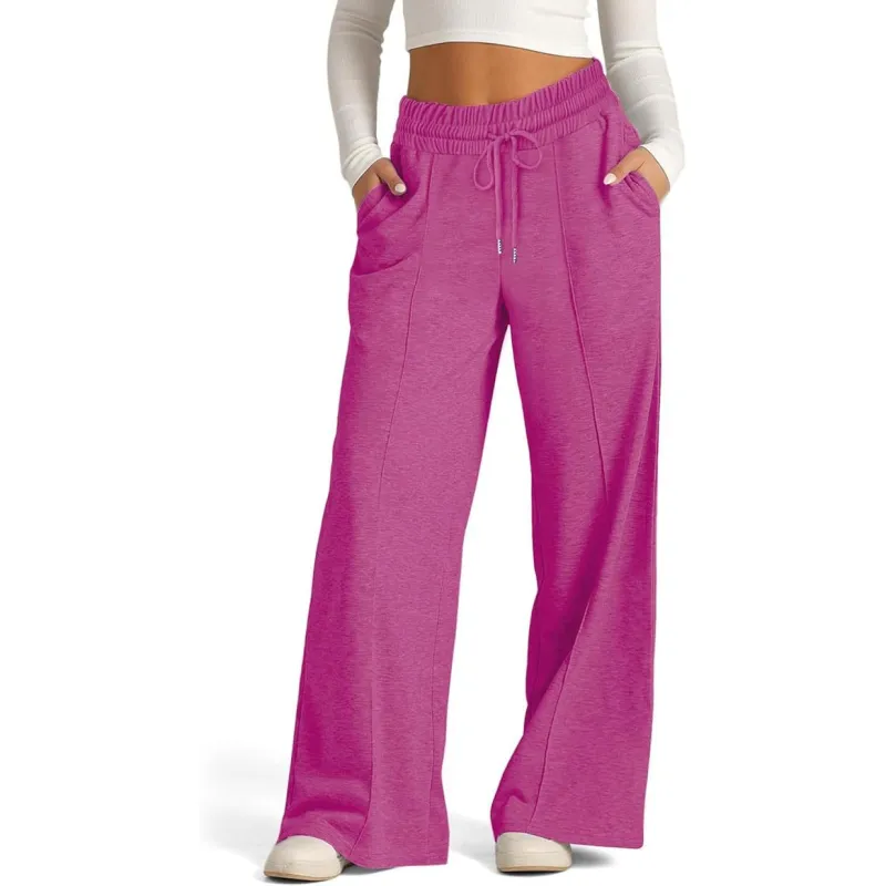 Ribbed Knit High Waisted Tummy Control Drawstring Casual Wide Leg Baggy Trousers with Pockets