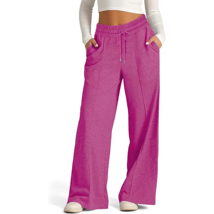 Ribbed Knit High Waisted Tummy Control Drawstring Casual Wide Leg Baggy Trousers with Pockets