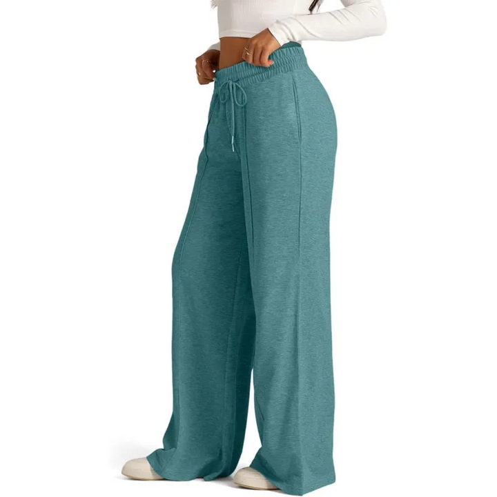 Ribbed Knit High Waisted Tummy Control Drawstring Casual Wide Leg Baggy Trousers with Pockets