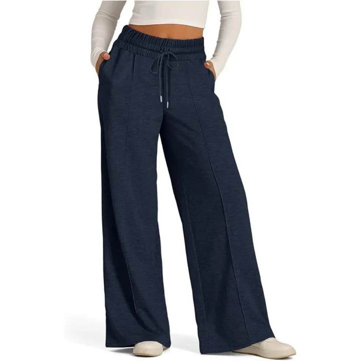 Ribbed Knit High Waisted Tummy Control Drawstring Casual Wide Leg Baggy Trousers with Pockets