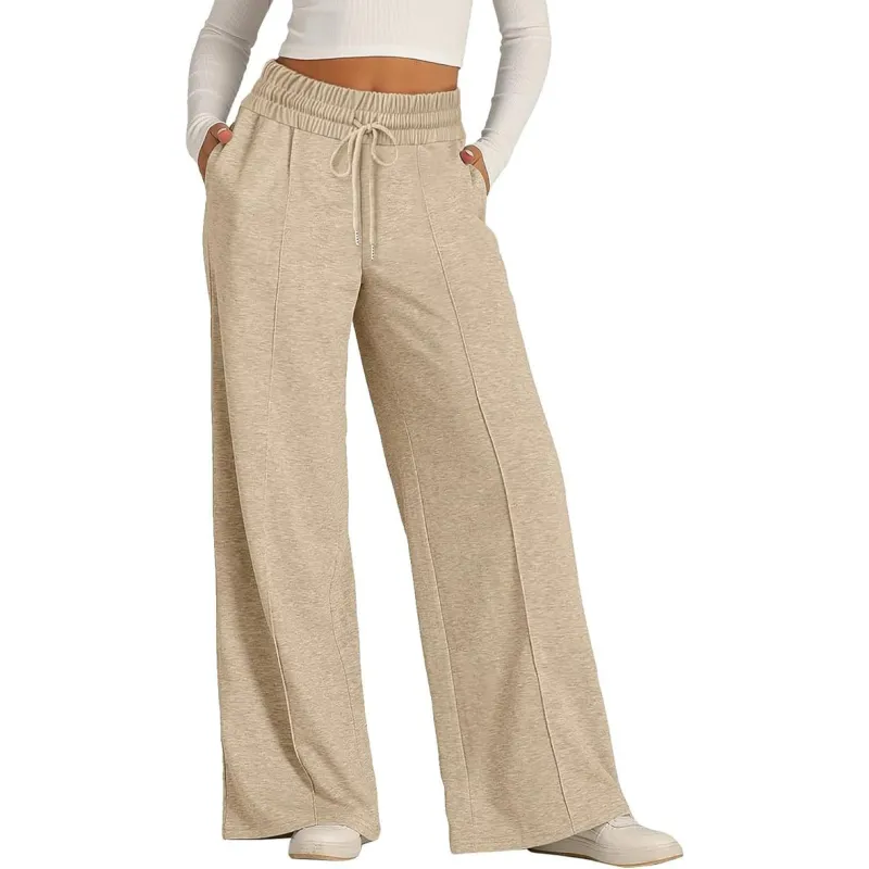 Ribbed Knit High Waisted Tummy Control Drawstring Casual Wide Leg Baggy Trousers with Pockets