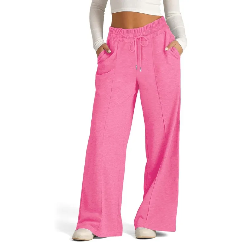Ribbed Knit High Waisted Tummy Control Drawstring Casual Wide Leg Baggy Trousers with Pockets