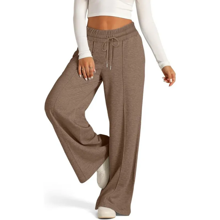 Ribbed Knit High Waisted Tummy Control Drawstring Casual Wide Leg Baggy Trousers with Pockets