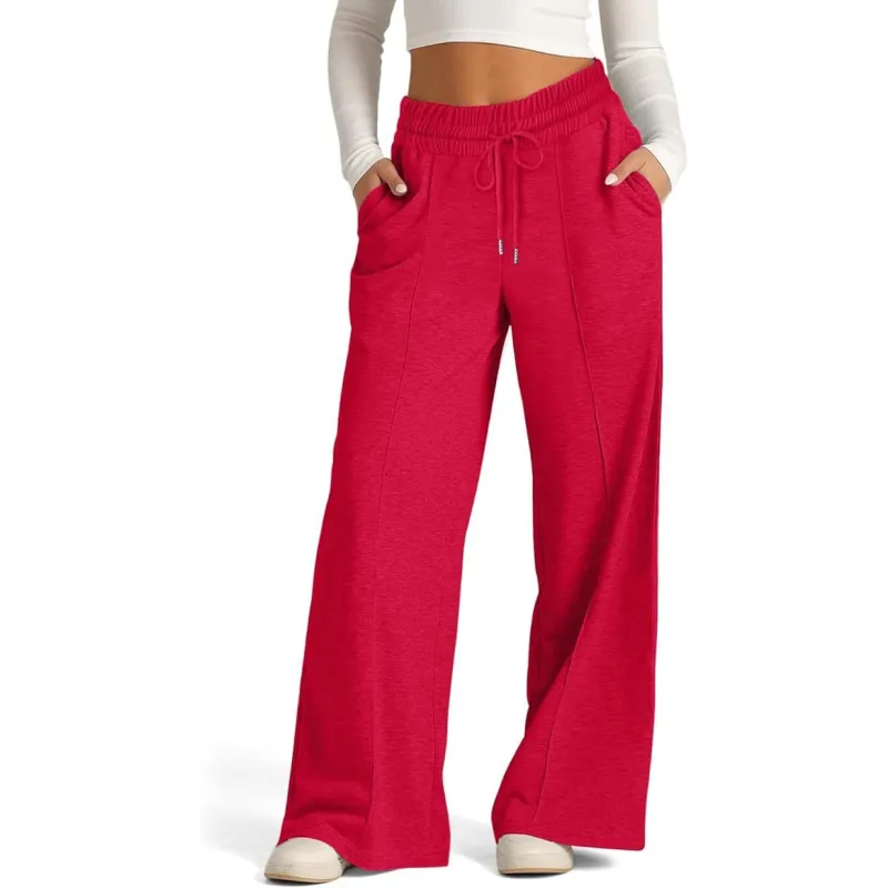 Ribbed Knit High Waisted Tummy Control Drawstring Casual Wide Leg Baggy Trousers with Pockets