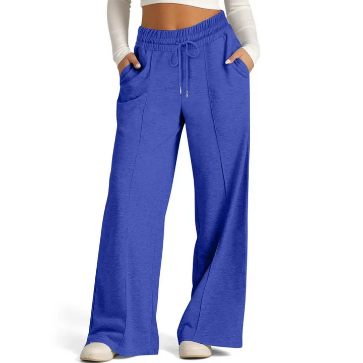 Ribbed Knit High Waisted Tummy Control Drawstring Casual Wide Leg Baggy Trousers with Pockets