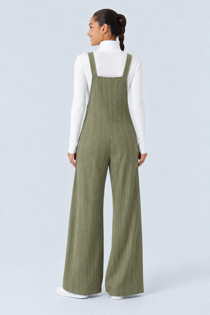 Ribbed Knit Pockets Casual Overalls