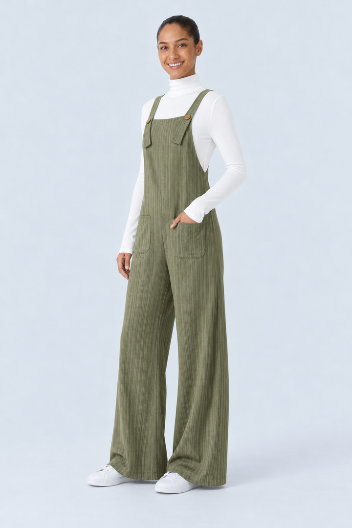 Ribbed Knit Pockets Casual Overalls