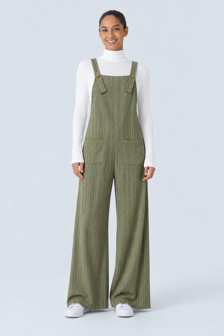 Ribbed Knit Pockets Casual Overalls
