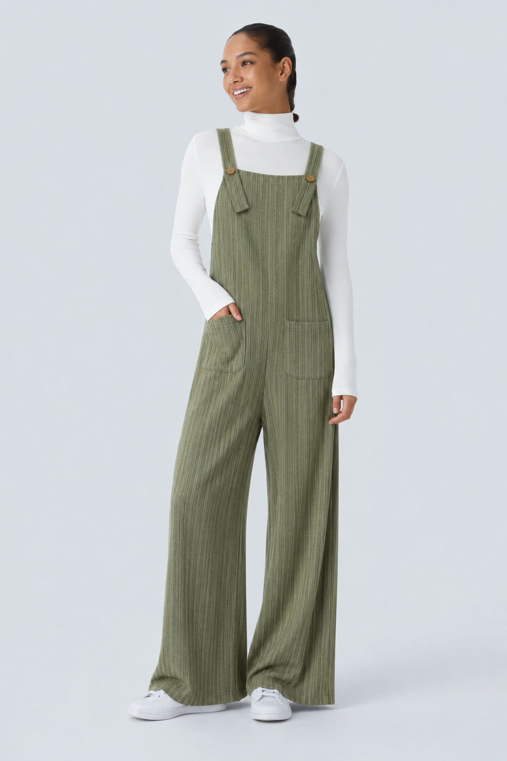 Ribbed Knit Pockets Casual Overalls