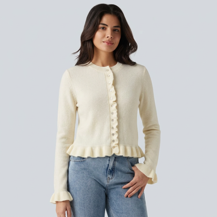 Round Neck Ruffle Long Sleeve Work Wool-Blend Cardigan