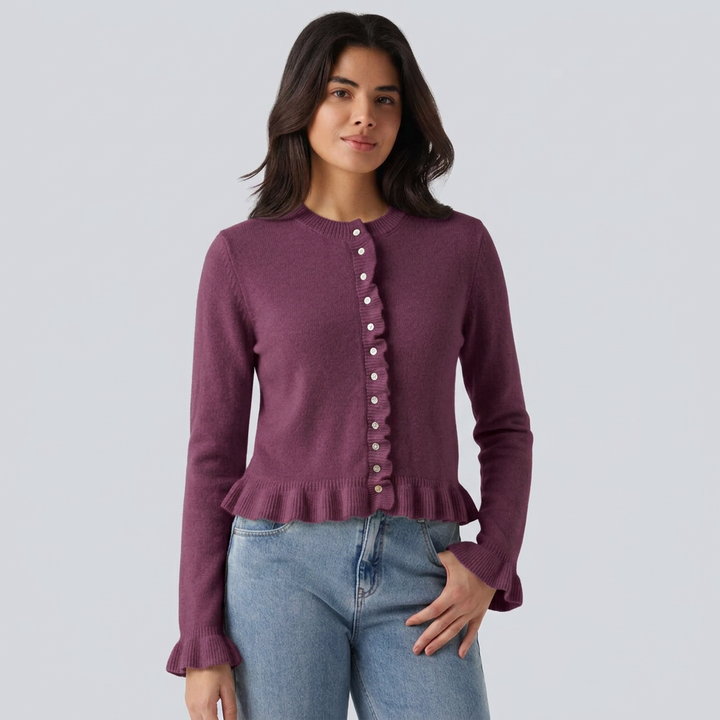 Round Neck Ruffle Long Sleeve Work Wool-Blend Cardigan