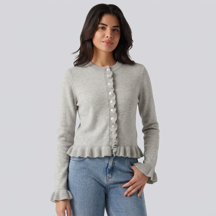 Round Neck Ruffle Long Sleeve Work Wool-Blend Cardigan