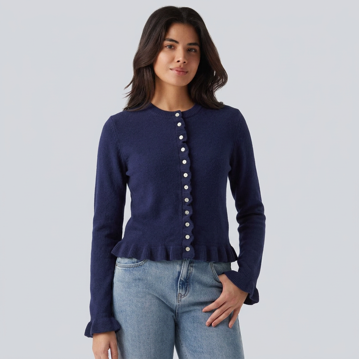 Round Neck Ruffle Long Sleeve Work Wool-Blend Cardigan