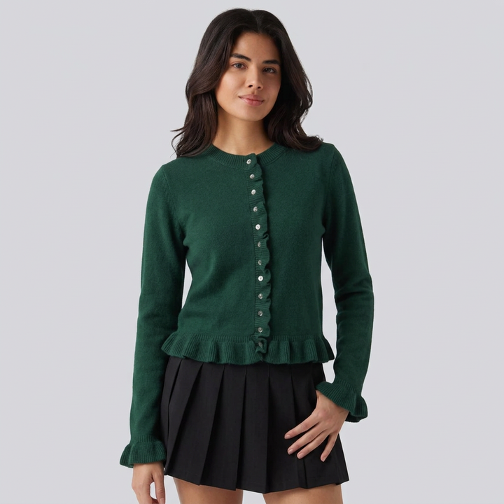 Round Neck Ruffle Long Sleeve Work Wool-Blend Cardigan