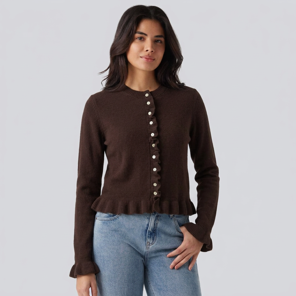 Round Neck Ruffle Long Sleeve Work Wool-Blend Cardigan