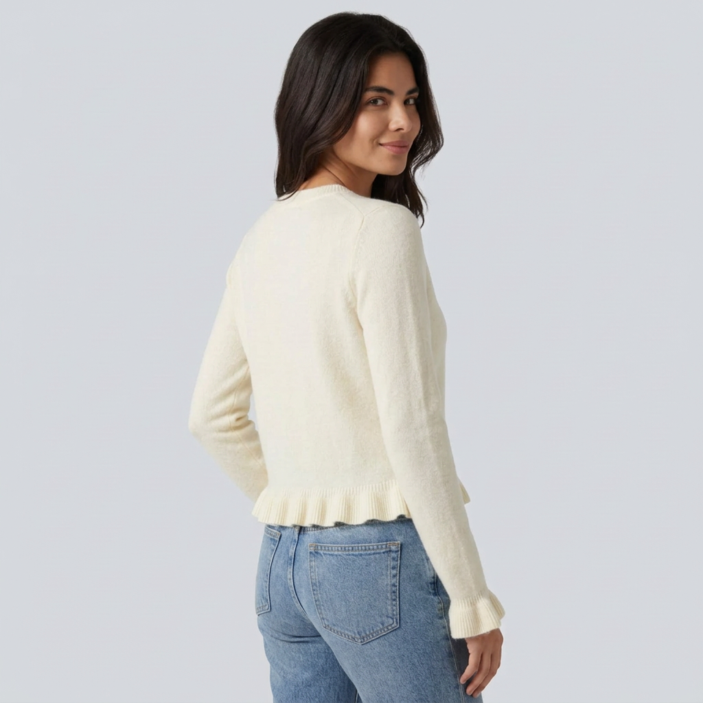 Round Neck Ruffle Long Sleeve Work Wool-Blend Cardigan