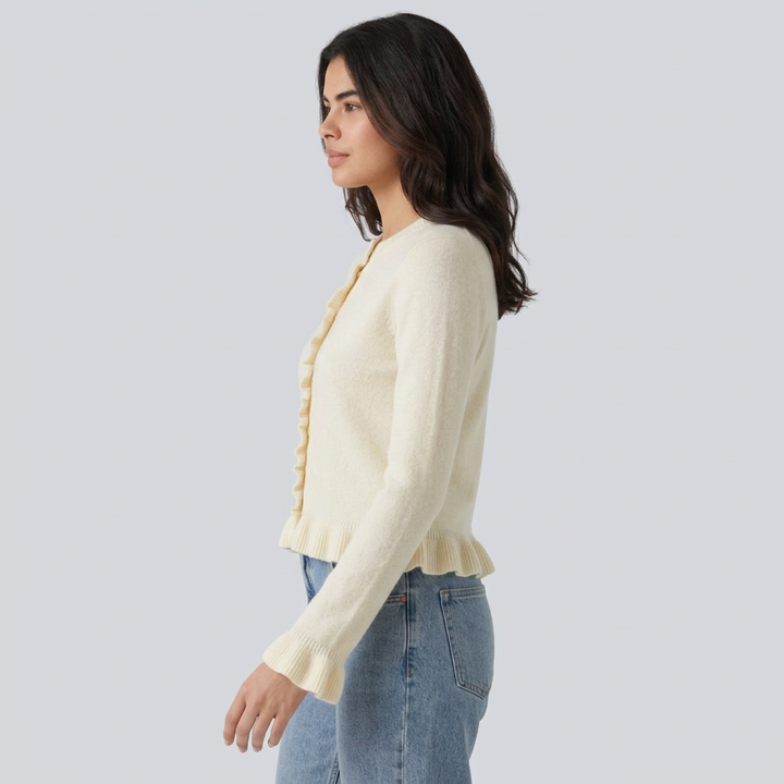 Round Neck Ruffle Long Sleeve Work Wool-Blend Cardigan