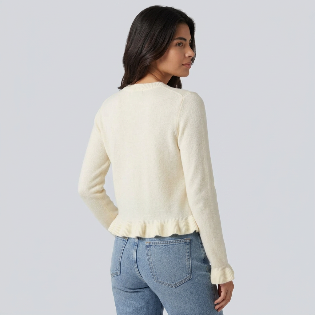 Round Neck Ruffle Long Sleeve Work Wool-Blend Cardigan