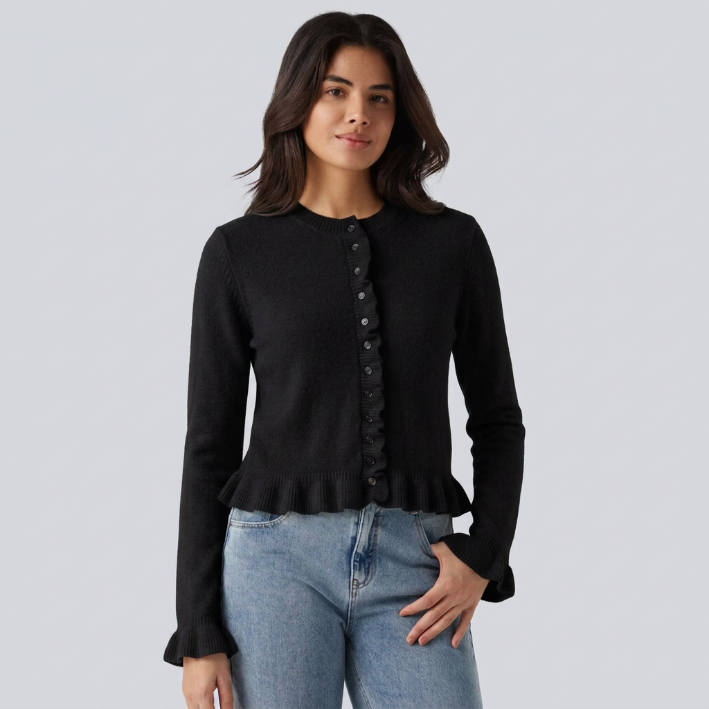 Round Neck Ruffle Long Sleeve Work Wool-Blend Cardigan