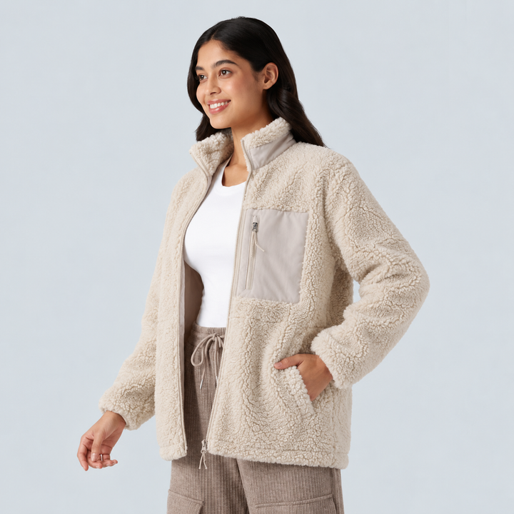 Stand Collar Zip Fly Relaxed Hiking Teddy Jacket with Pockets