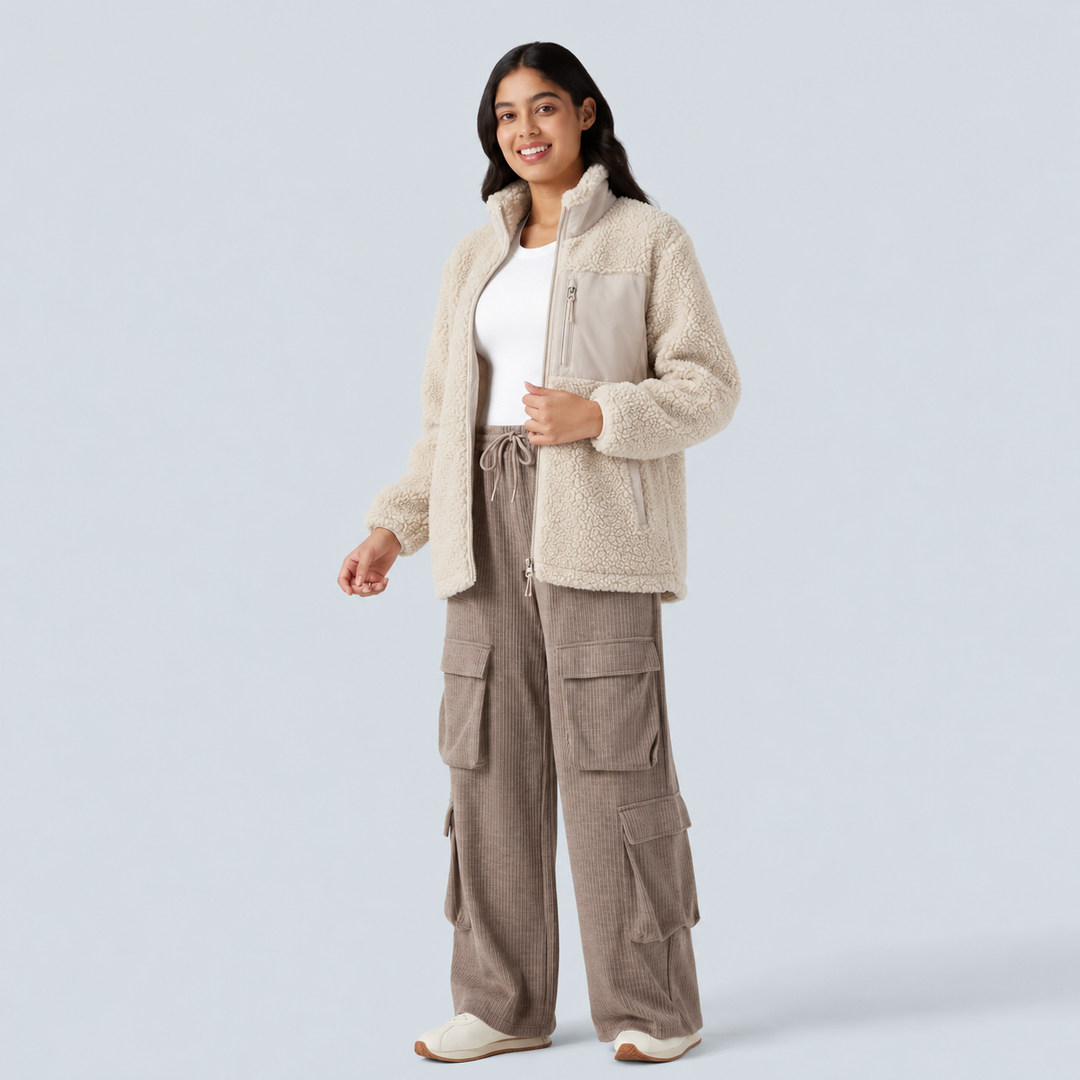 Stand Collar Zip Fly Relaxed Hiking Teddy Jacket with Pockets