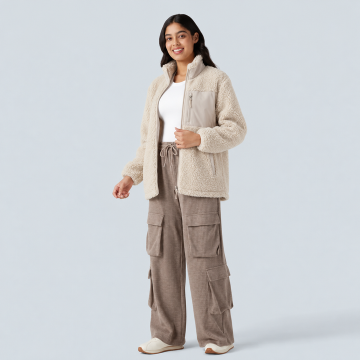 Stand Collar Zip Fly Relaxed Hiking Teddy Jacket with Pockets