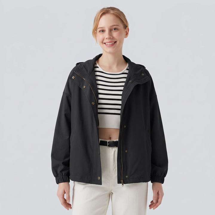 Stowable Hood Drawstring Contrast Mesh Ruffle Hem Workout Jacket with Pocket