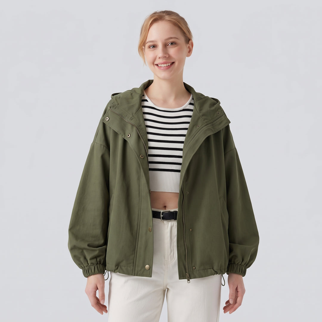 Stowable Hood Drawstring Contrast Mesh Ruffle Hem Workout Jacket with Pocket