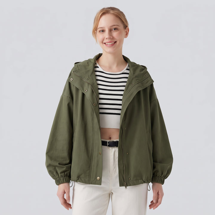 Stowable Hood Drawstring Contrast Mesh Ruffle Hem Workout Jacket with Pocket