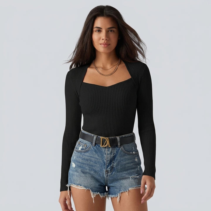 Ribbed Knit Square Neck Long Sleeve Casual Top