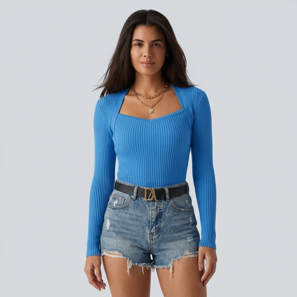 Ribbed Knit Square Neck Long Sleeve Casual Top