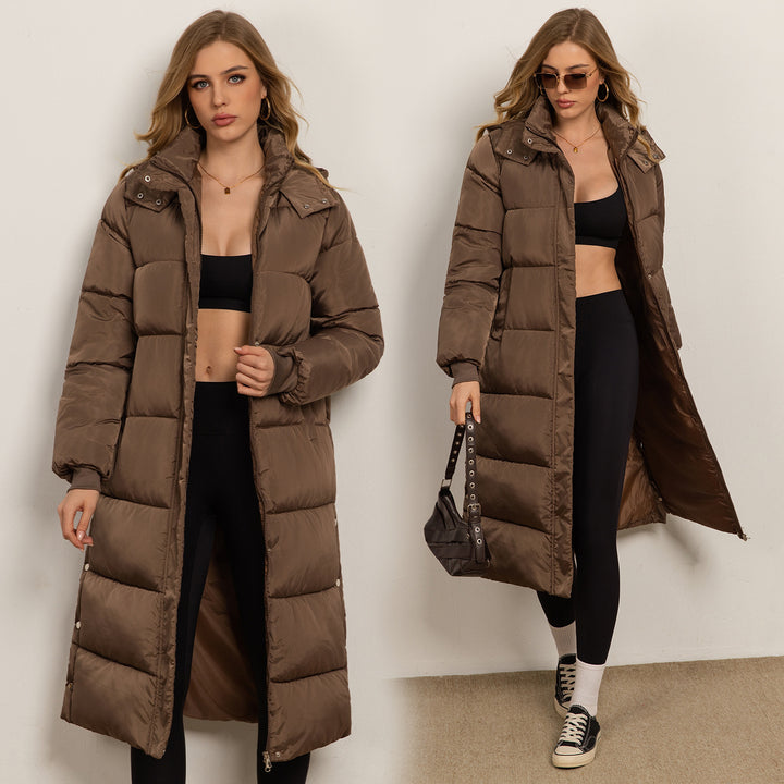 Hooded Long Sleeve Zipper Longline Casual Puffer Jacket with Pockets