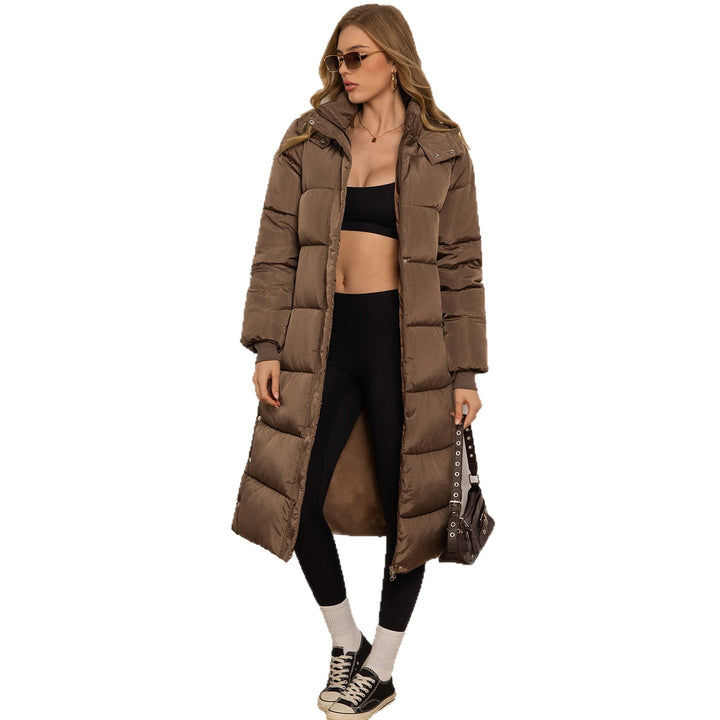 Hooded Long Sleeve Zipper Longline Casual Puffer Jacket with Pockets