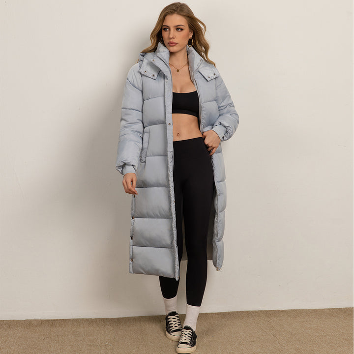Hooded Long Sleeve Zipper Longline Casual Puffer Jacket with Pockets
