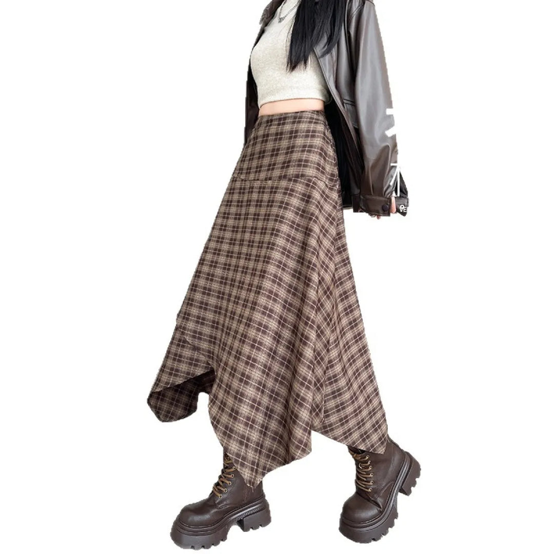 High Waisted Asymmetric Plaid A-Line Casual Midi Skirt with Pockets