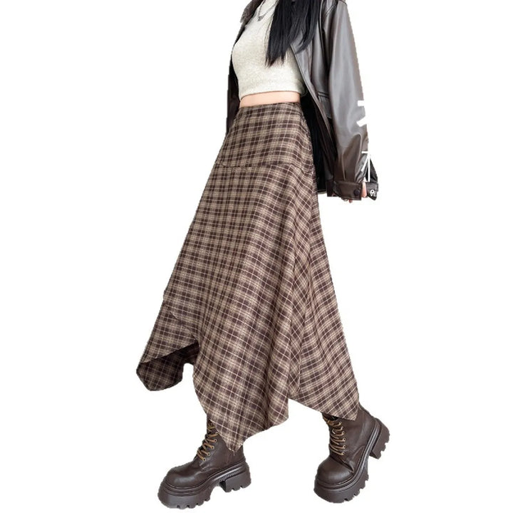 High Waisted Asymmetric Plaid A-Line Casual Midi Skirt with Pockets